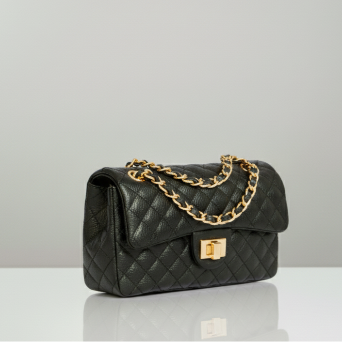 Black Brazilian Genuine Leather Bag – Elegant Quilted Crossbody with gold metal