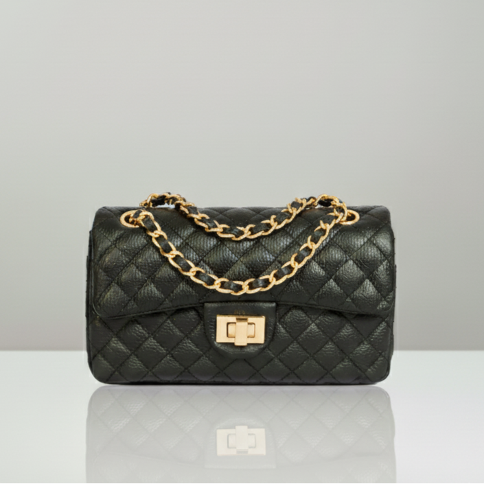 Black Brazilian Genuine Leather Bag – Elegant Quilted Crossbody with gold metal