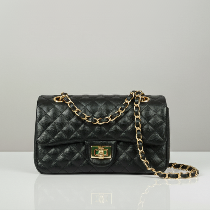 Black Brazilian Genuine Leather Bag – Elegant Quilted Crossbody with gold metal