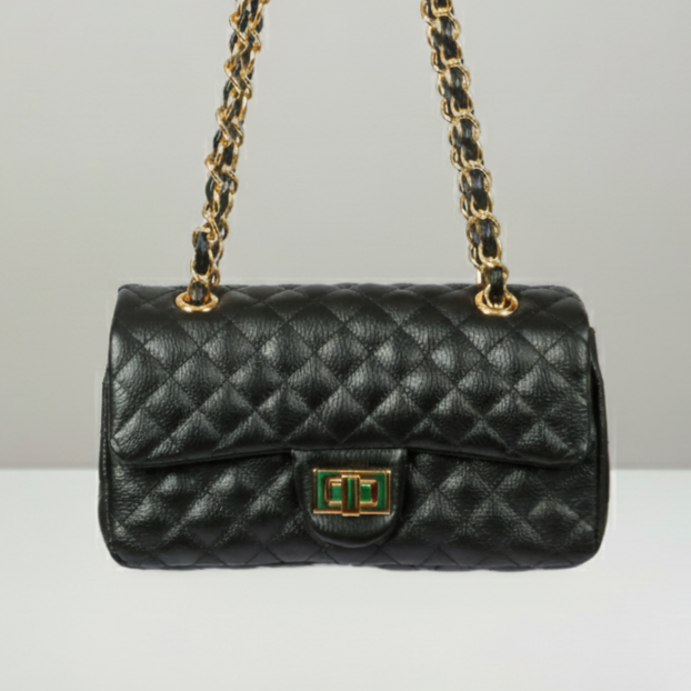 Black Brazilian Genuine Leather Bag – Elegant Quilted Crossbody with gold metal